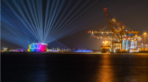 Image of cruise ship and yard during a light show